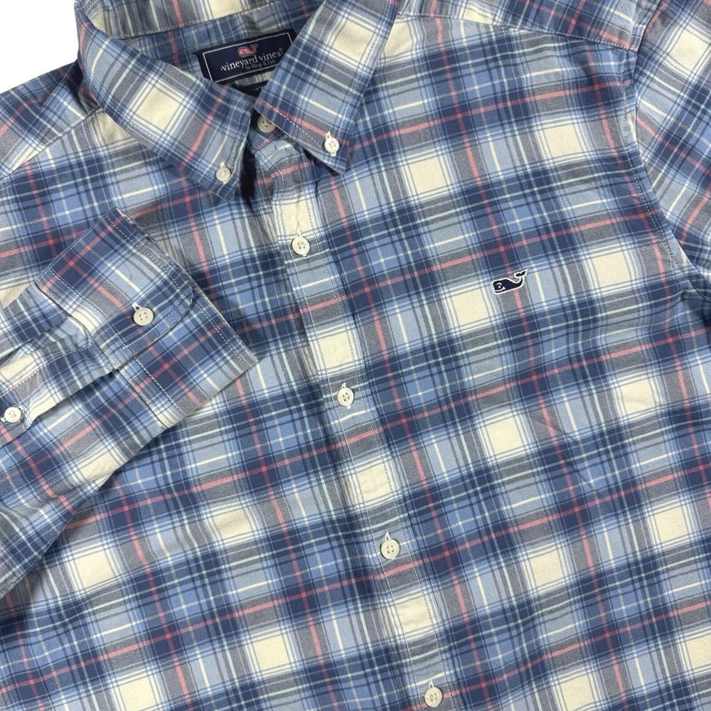 Vineyard Vines Classic Fit Button Down Oxford Shirt Men's XL Blue Plaid Stretch‎